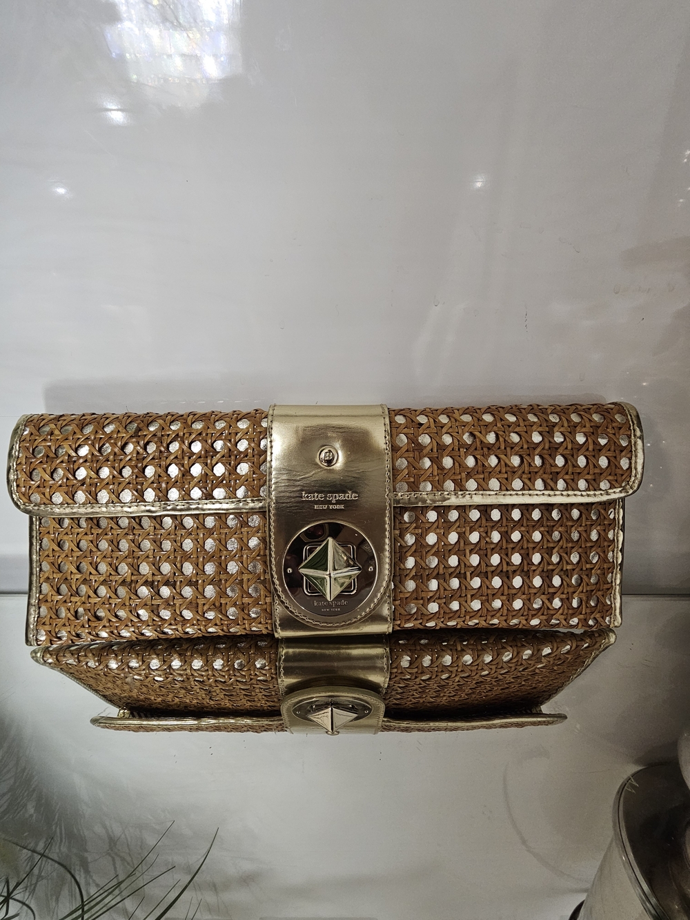 Y2K Kate Spade Gold and Tan Woven Rattan  Clutch